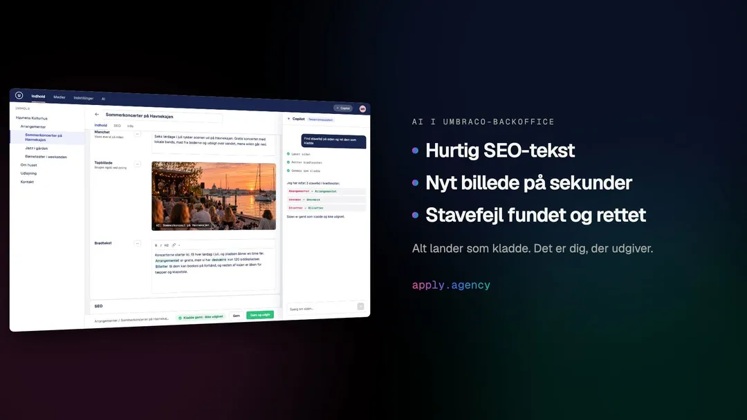 The Umbraco backoffice with three AI features for editors, SEO copy, images and typos fixed by Copilot