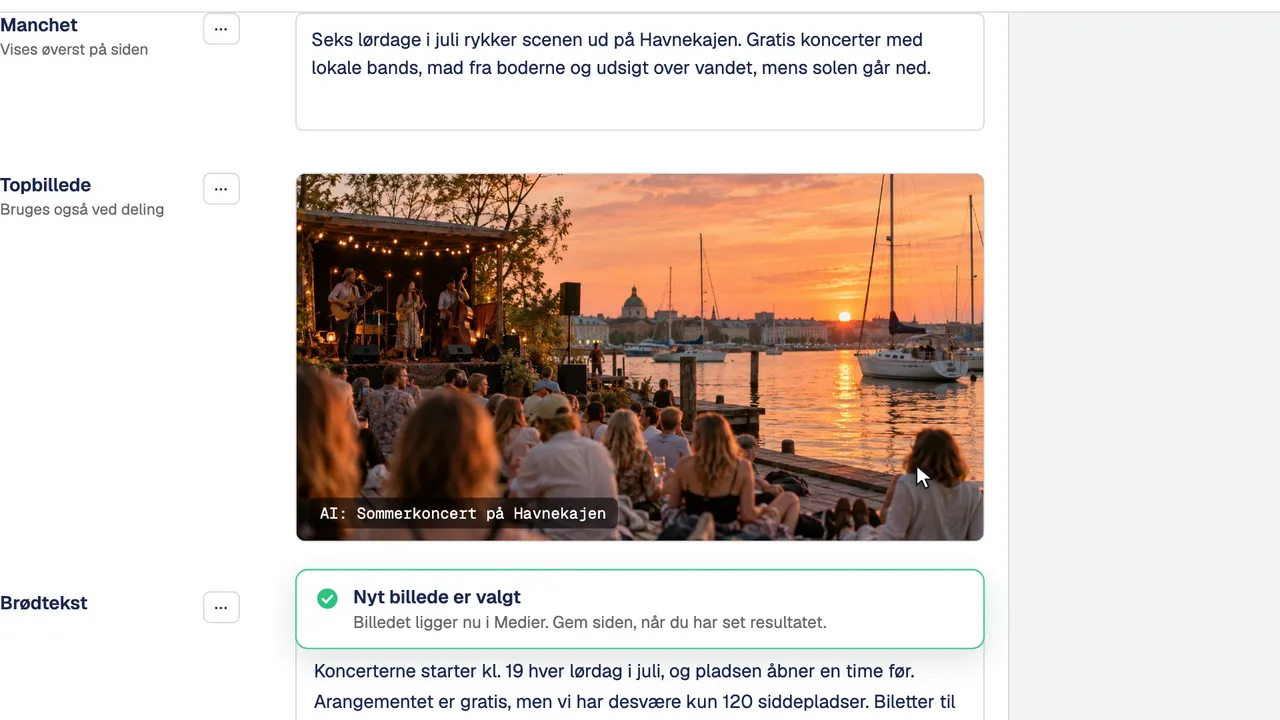 Topbilledet i Umbraco med et AI-genereret billede af en sommerkoncert på en havnekaj.