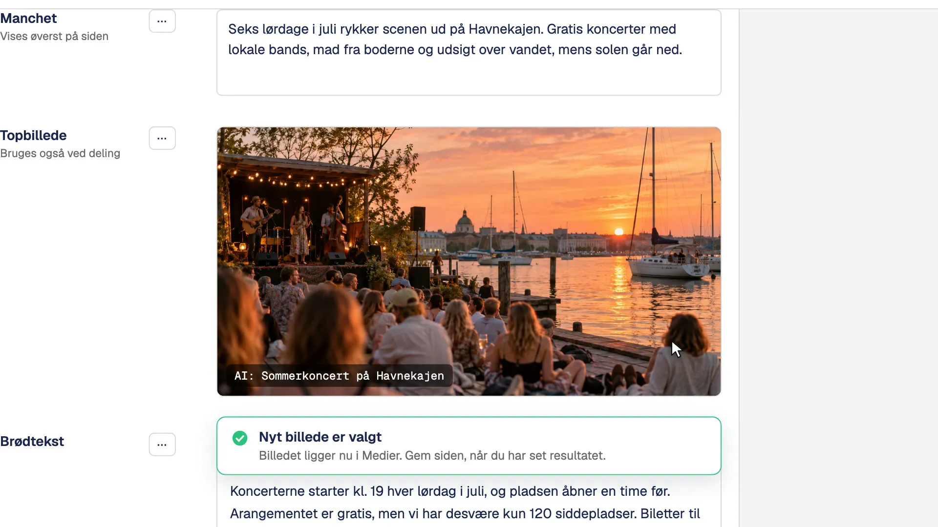 The top image in Umbraco with an AI-generated picture of a summer concert on a harbour quay.