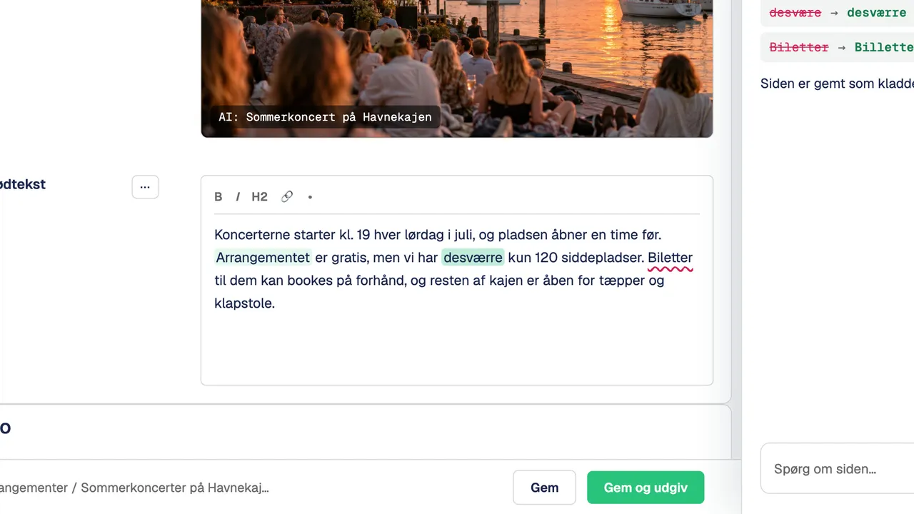 Brødteksten i Umbraco med tre rettede stavefejl og Copilot-panelet, der viser rettelserne.