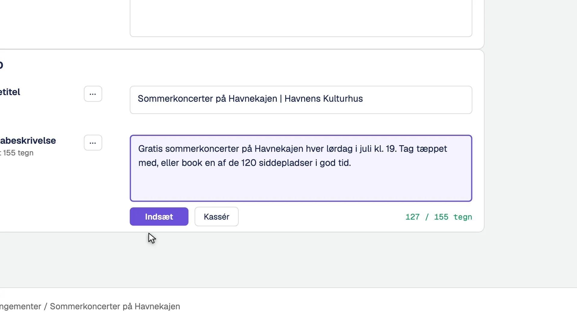 The meta description in Umbraco with an AI suggestion of 127 of 155 characters and the buttons Insert and Discard.