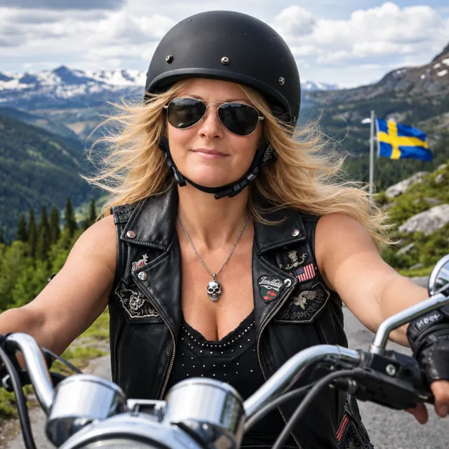 Anja on a motorbike in a leather vest in the mountains