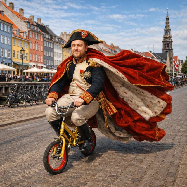 David as Napoleon on a kid's bike in Nyhavn