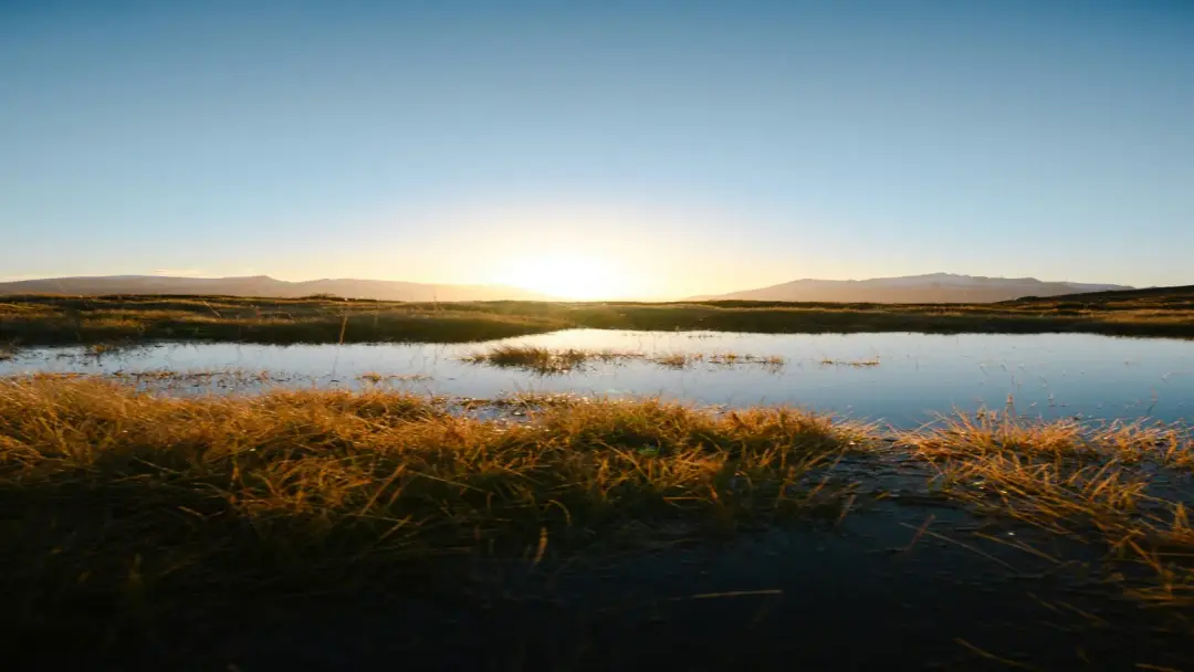 Åbent landskab ved solnedgang