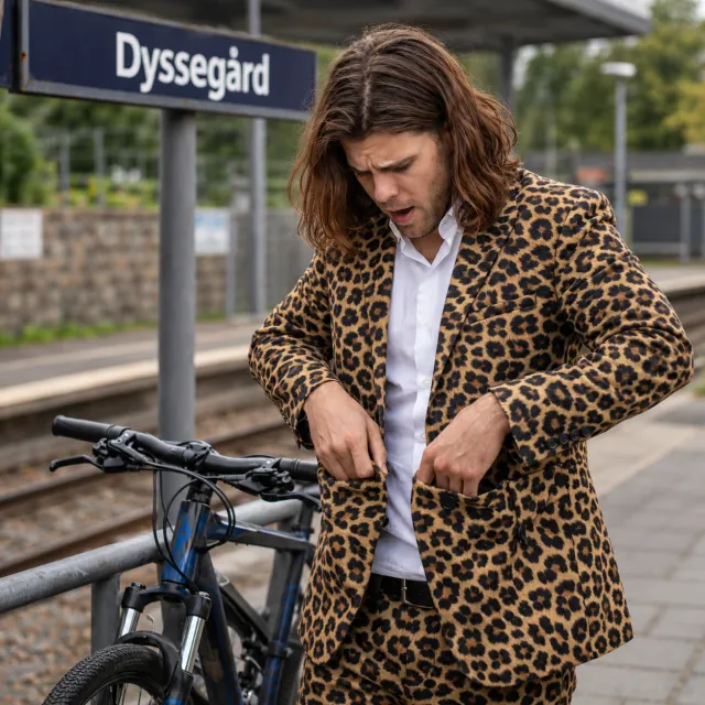 Jonas Palm in a leopard-print suit at Dyssegård Station