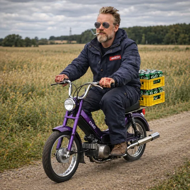 Kristian on a purple moped with beer on the rack